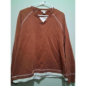 Woolrich Womens‎ M Long Sleeve Brown Layered Look V Neck Sweatshirt Top